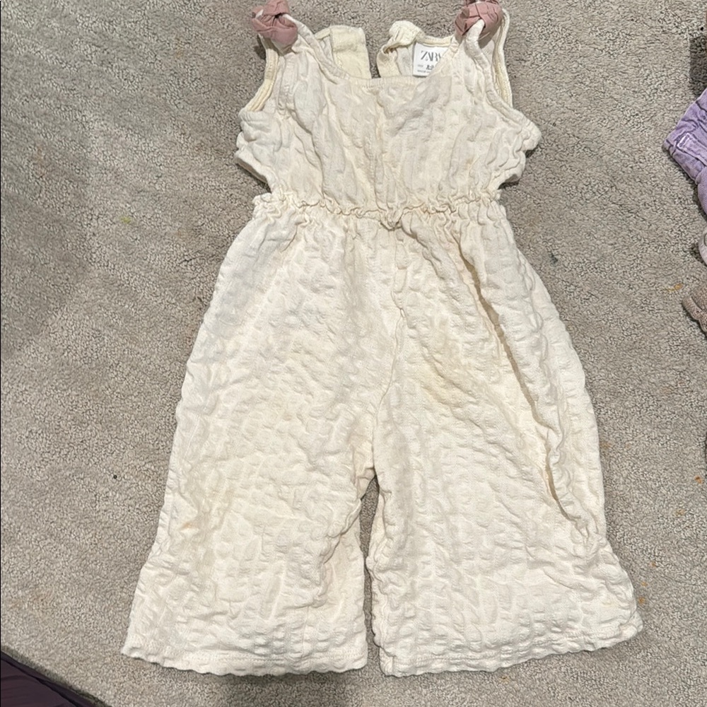 Zara Cream Textured Jumpsuit with Cropped Wide-Leg